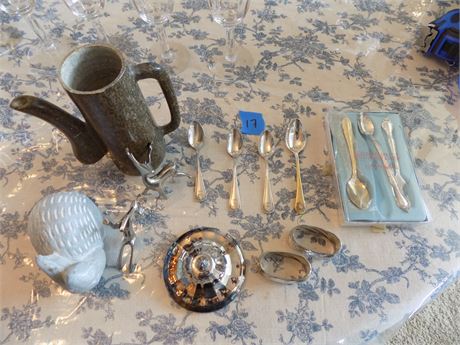 Vintage Stone Pitcher, Silverplate Oneida Spoons, Misc