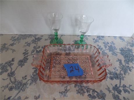 Pink Depression Glass Rectangle Candy Dish, Cordial Glasses Green Stem