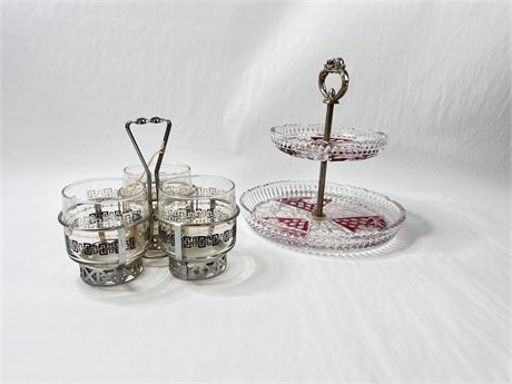Vtg Ruby Glass Tiered Server and Black/White Condiment Server