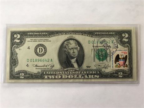 1976 us $2 Bill Stamped APR 13 1976