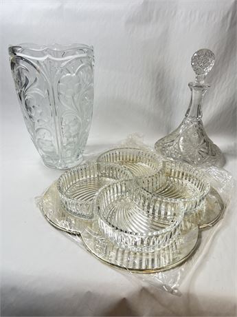 Lead Crystal Vase, Server with Silverplate and Decanter