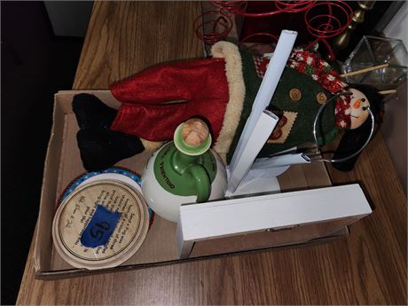 snowman, olive oil jug, doll stands