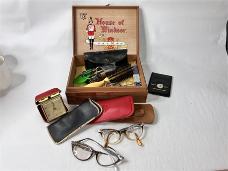Antique Glasses and more Lot in Cigar Box