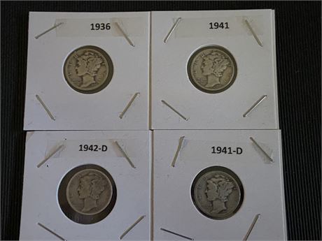 1936,1941,1941-D,1942-D Mercury Dimes