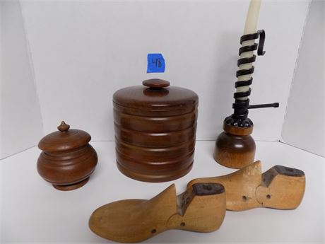 Wood Containers, Candlestick and Shoe Forms