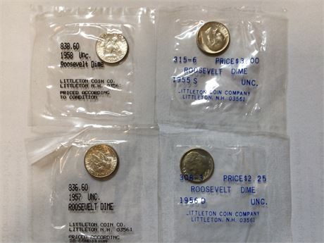 Roosevelt Dimes 1957, 1956-D,1955-S, 1958