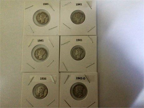 1936,1941,1941,1941,1941,1942-D Mercury Dimes