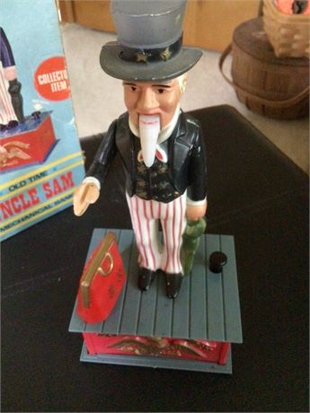 Uncle Sam Coin Bank - Load Coin in Hand Press button  Arm drops, Purse  opens