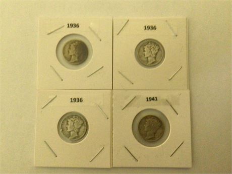 1936, 1936, 1936, 1941 Mercury Dimes