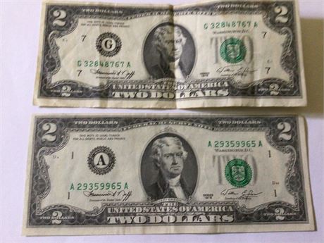 2 - $2 Dollar Bills - 1976