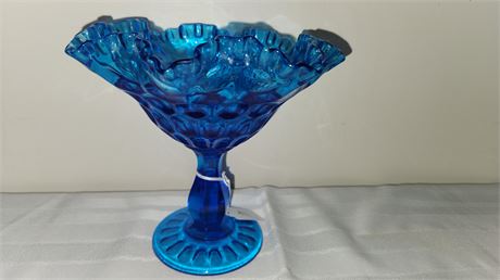 Blue Thumbprint Pedestal Ruffled Candy Dish 7 1/2/"