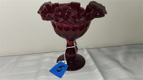 Vintage Thumbprint Ruby Red Pedestal Candy Dish 6"