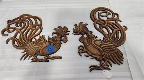 Pair of rooster wall hangings