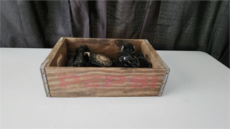 2 Rotary Telephones And A Pepsi Vintage Wooden Crate.