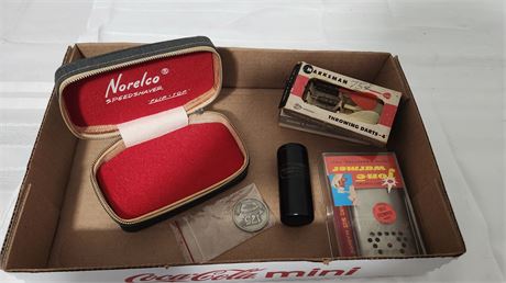 2 Boxes of Marksman Darts & Jon-E-Warmer & Vintage Wood Matches in a Case. Misc.