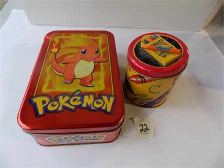 Collectible Pokemon Tin with Marbles, and Crayola Tin with Trading Cards