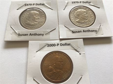 2 - 1979 - P Susan B Anthony & 1 - Sacagawea Dollar Coins