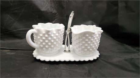 Unmarked Fenton White Hobnail Star Shaped Creamer & Sugar & Holder