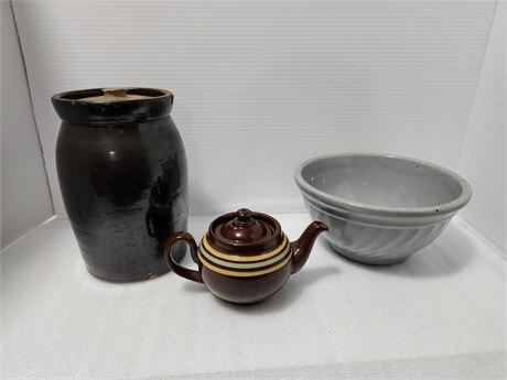 Vintage pottery vase with lid, bowl, & tea pot