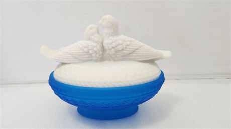 Westmoreland Glass Company Blue/White satin Lovebirds