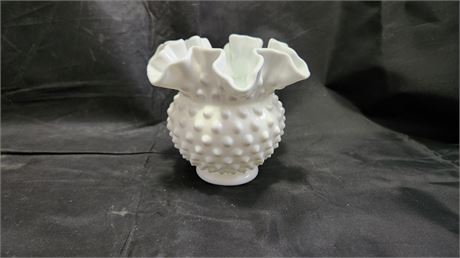 Unmarked Fenton Hobnail Milk Glass Double Crimped Ruffled Ball Vase