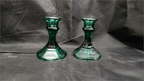 Pair Of Green Glass Candle Holders