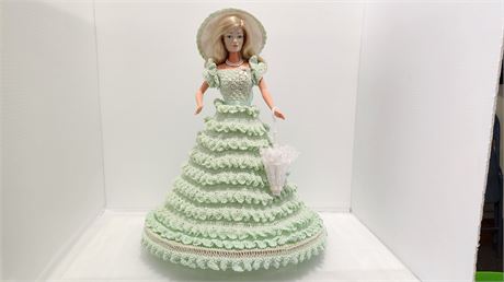 18 Inch Doll With Crocheted Dress And Stand