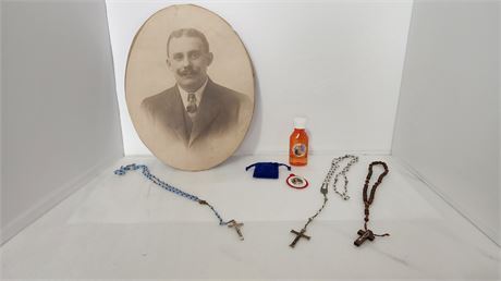 Vintage Picture & 3 Rosary's