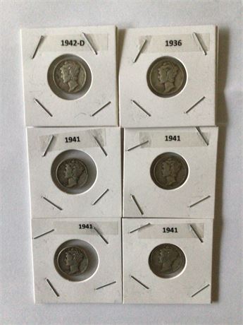 1936, 1941, 1941,1941,1941,1942 -D Mercury Dimes