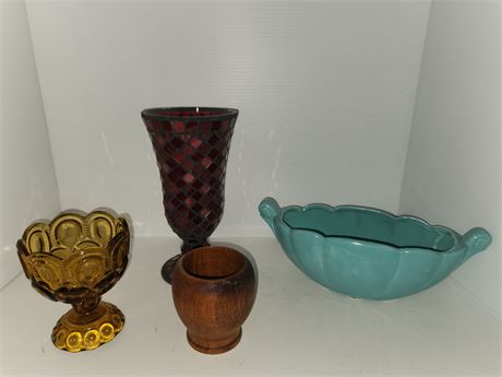 Lc Smith Amber Moon & Stars  & Ruby Mosaic Vase & Serving Bowl