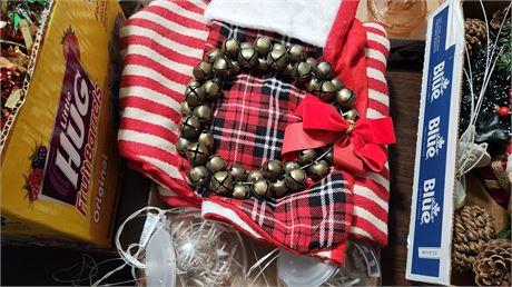 Lot Of Christmas Decorations Tree Skirt & Clear Lighted Bulbs & Jingle Bells