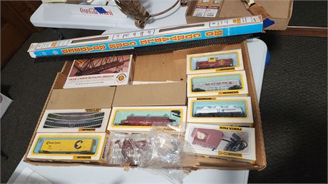 Lot Of Train Cars & Track. HO Size & Bachman Over/Under Blinking Bridge