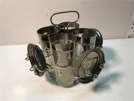 Mid Century Kimko High Ball Glasses with Silver Crest Rim with Carrier&Coasters