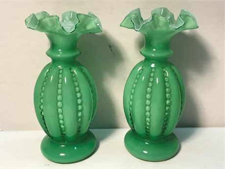 Unmarked Fenton Green Ruffle Top Vases