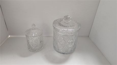 2 Heavy Etched Crystal Glass Containers With Lids