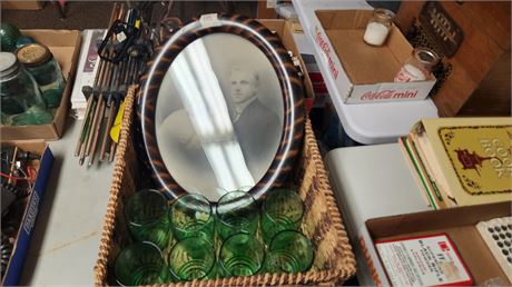 Wicker Basket & Glassware & Vintage Picture