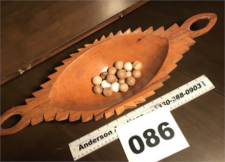 Carved Stone Balls & Wooden Bowl