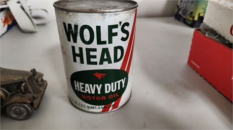 Vintage Metal Car Bank & Full Can Of Wolfs Head Motor Oil
