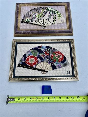 Vintage Needlepoint Asian Style Folding Fan Art (2)