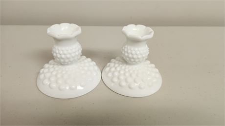 2 Fenton Hobnail Milk Glass Candle Holders