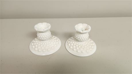 2 Unmarked Milk Glass Hobnail Candle Holders