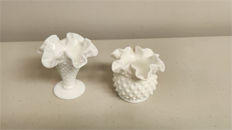 2 Unmarked Hobnail Milk Glass Small Vases