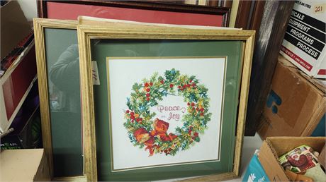 Lot Of Framed Pictures. Wreath Picture Needs Repaired