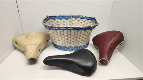 Bicycle Basket & 3 Vintage Seats