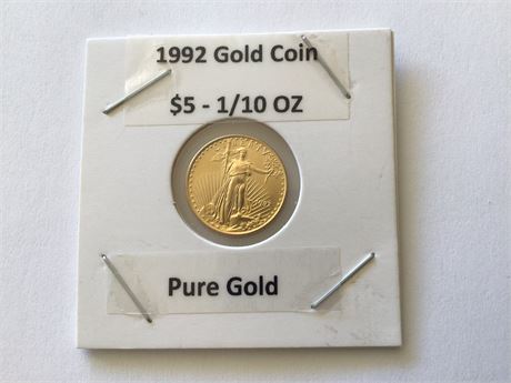 1992 - $5 Gold Coin - 1/10 ounce Pure Gold