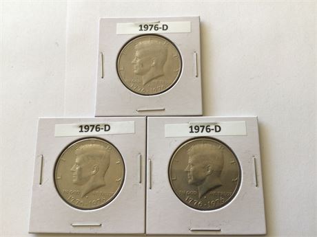 3 - 1976- D Bicentennial Kennedy 1/2 Dollar Coins