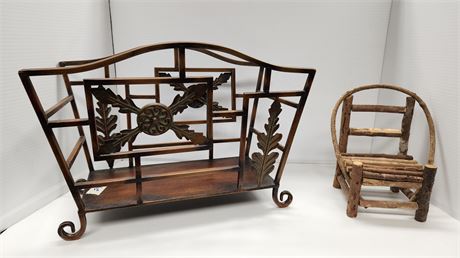 Metal Decorative Magazine Holder & Small Wood Doll chair