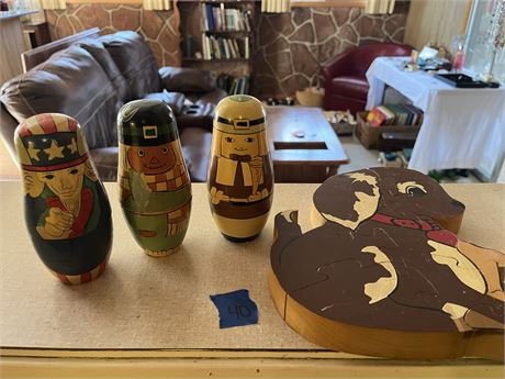 Vintage Russian Nesting Dolls and Wood Dog Puzzle