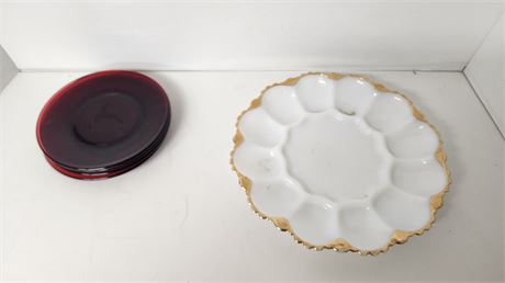 Egg Tray & Small Ruby Red Plates