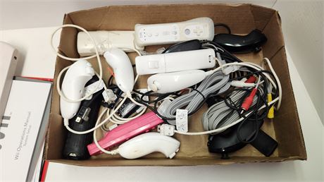 Lot Of WII Controllers & Accessories & Cords & Super Mario Brothers Poster